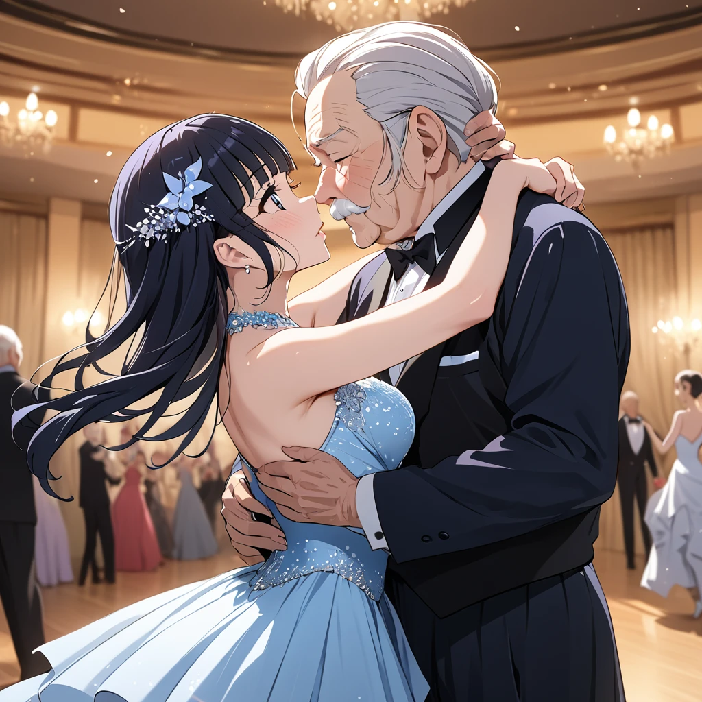 ((Highest quality)), ((masterpiece)), (detailed), （Perfect Face）、The woman is Reika Aoki with semi-long hair、A woman is wearing a ballroom dance costume at a ballroom and dancing gracefully and beautifully while kissing an old man.