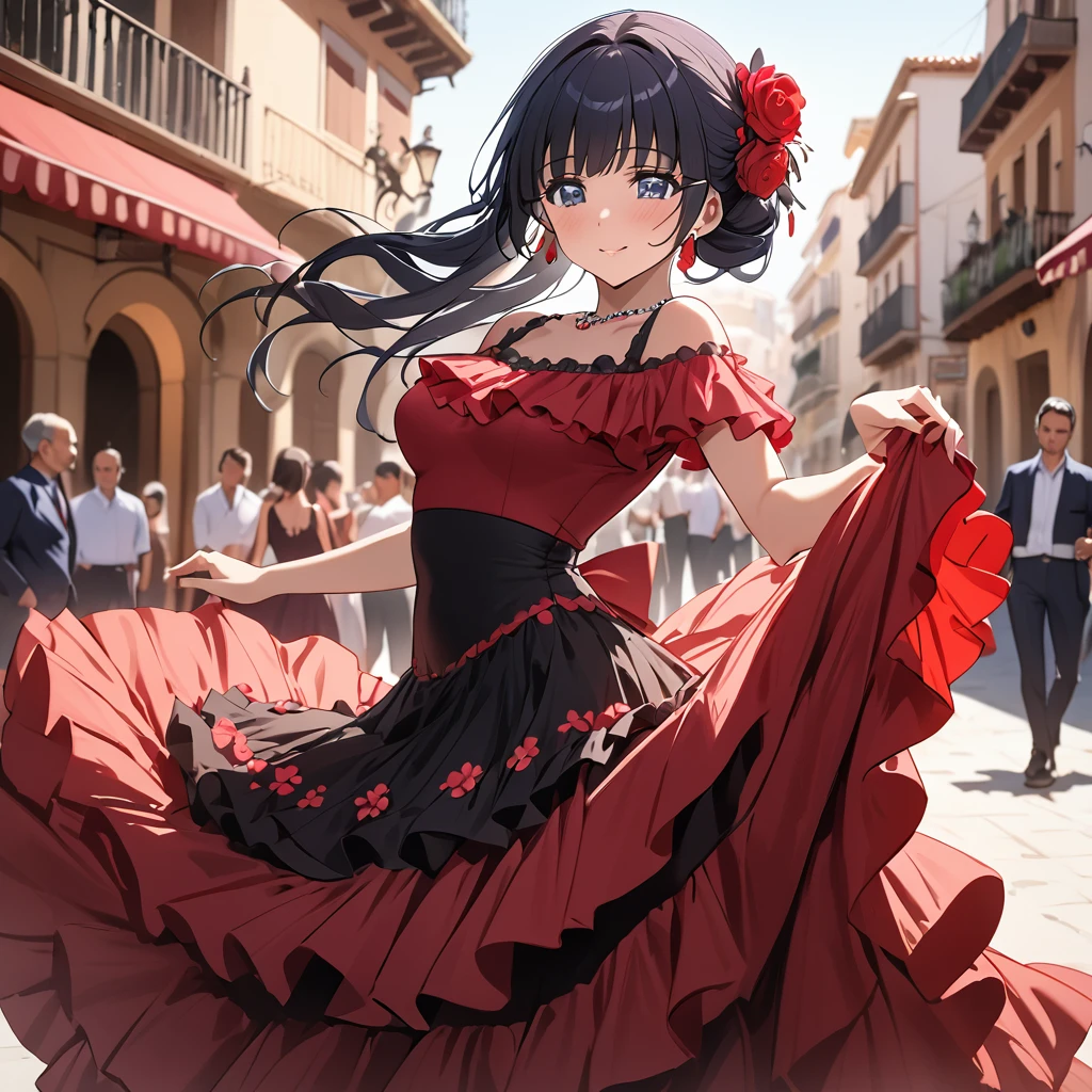 ((Highest quality)), ((masterpiece)), (detailed), (Perfect Face)、The woman is Aoki Reika, Spanish, with semi-long hair.、Woman dancing flamenco passionately in flamenco dress in Spain