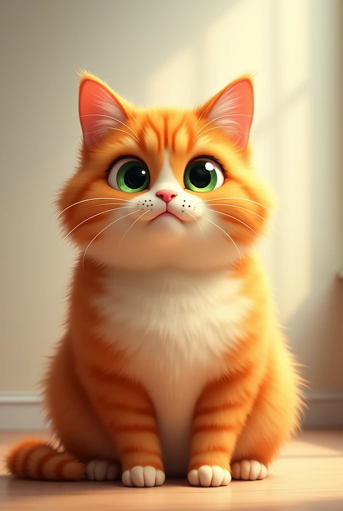 A photo of Eve Cat, a , cat Orange cute, chubby LONG GREEN EYES, looking at the camera, photocartoo,