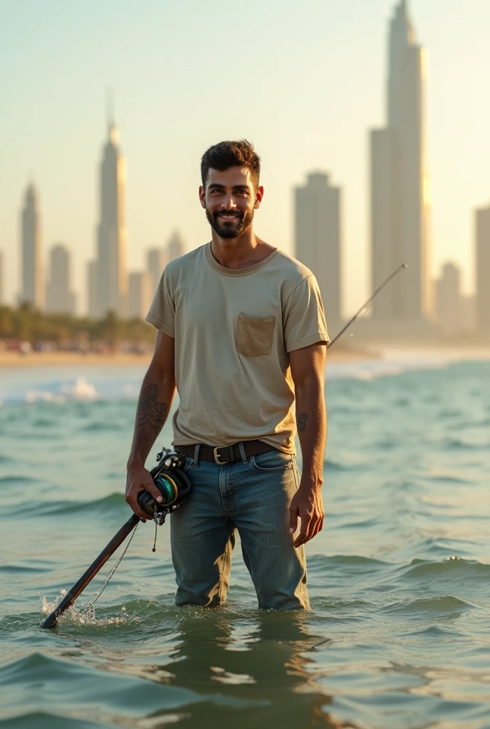 (photorealism:1.2), young middle eastern fisherman, standing in the sea, the water is covering his feet only, wearing arm sun protector a T-shirt and a jeans, holding a fishing rod with penn spinfisher reel, looking at the camera, smiling and thinking about something, enjoying the sun, sun lighting, Jeddah sky scrappers in background, realistic, intricate details
