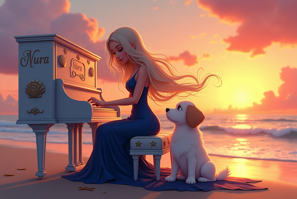 A warm, fantasy cartoon-style scene featuring a serene woman playing the piano on a peaceful beach at sunset. The woman, with her long hair gently flowing in the ocean breeze, wears an elegant, navy blue dress that flows gracefully around her. The piano, adorned with delicate seashell and starfish designs, has the name 'Nura' beautifully engraved in a flowing, ornate script on its front. Her loyal dog, a fluffy companion, sits beside her, gazing up with love and contentment. The sky is a stunning blend of pink, orange, and purple hues as the sun sets, casting a soft, golden glow over the scene, creating a magical, tranquil atmosphere.