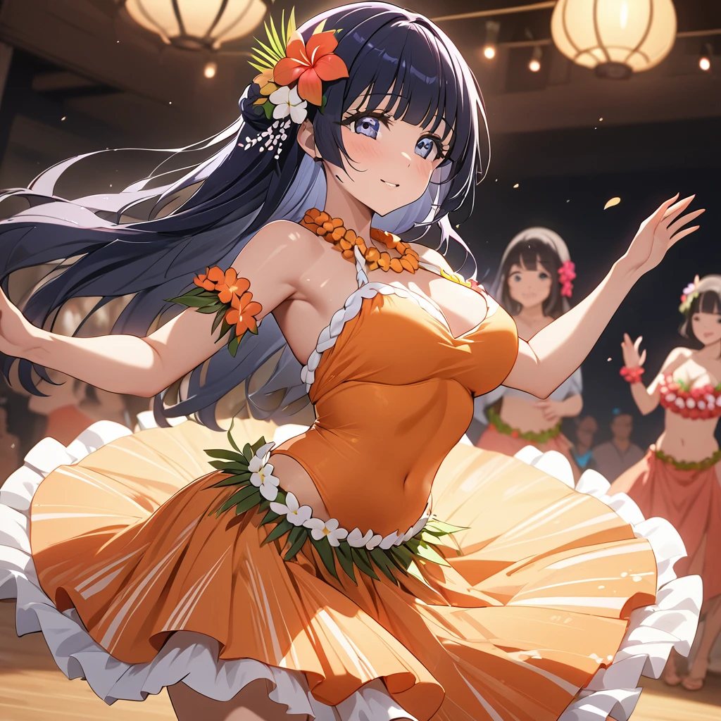((Highest quality)), ((masterpiece)), (detailed), （Perfect Face）、The woman is Reika Aoki, an American from Hawaii with semi-long hair.、A woman is dancing the hula dance passionately and attractively in a hula costume in Hawaii