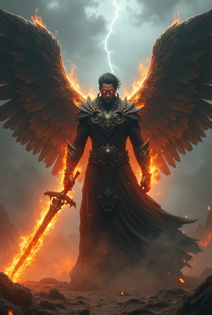 Man with seven wings, fire in hands, red eyes, sword
