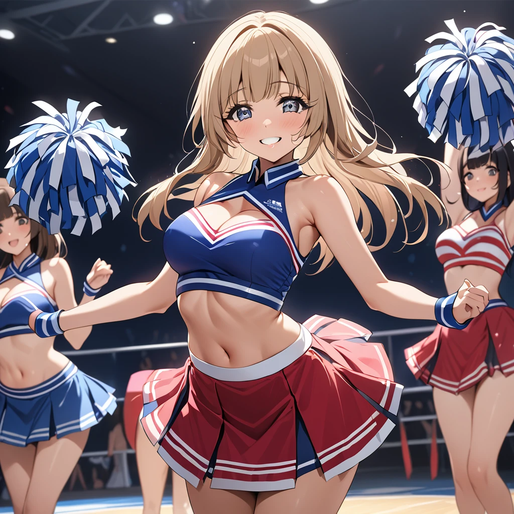 ((Highest quality)), ((masterpiece)), (detailed), （Perfect Face）、The woman is Reika Aoki, a dark-skinned blonde with medium-long hair.、The woman is wearing a sexy, attractive and provocative cheerleading costume and dancing the cheerleading with a smile.