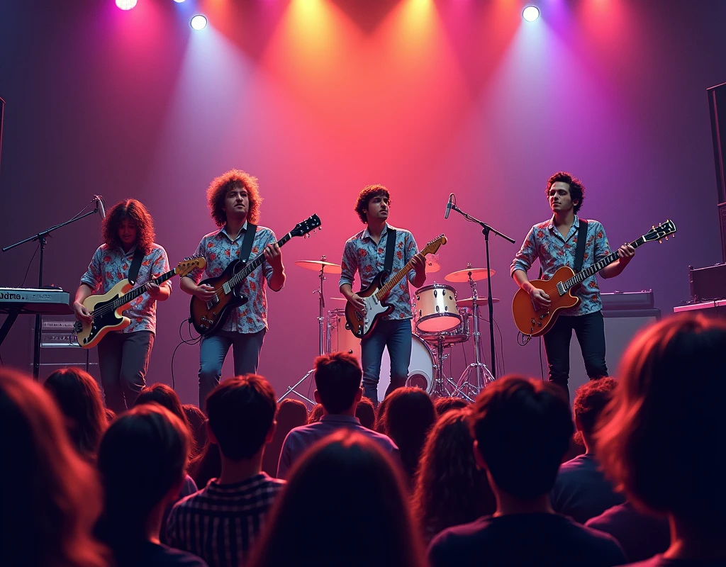 many audience watching stage concert, The Floral Shirts, 5 college male total (3 guitar 1 keyboard, 1 drummer), people far away