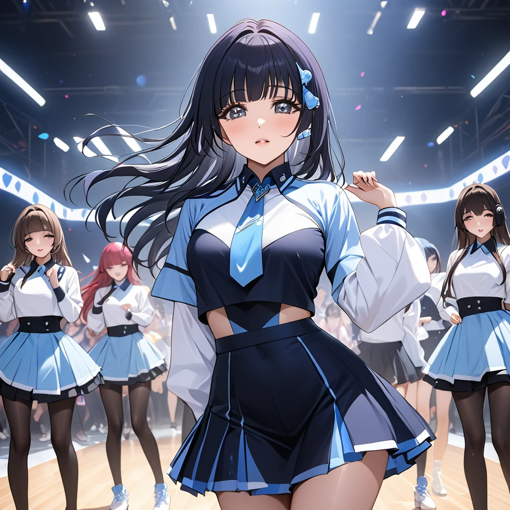 ((Highest quality)), ((masterpiece)), (detailed), (Perfect Face)、The woman is Aoki Reika, has medium-long hair and is a member of a Korean K-POP girl group.、The woman is wearing a cool costume from a Korean K-POP girl group and dancing a gorgeous and cool K-POP dance with her team members.