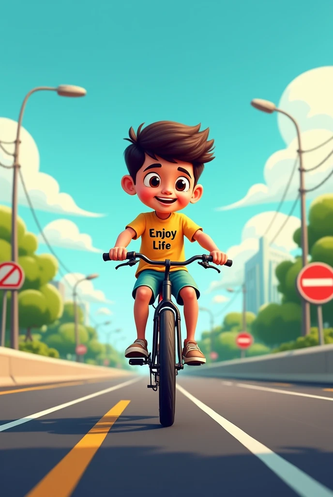 1 boy travel on the cucle his name is yogesh written on the t shirt, background text enjoy life 2d cartoon background is highway