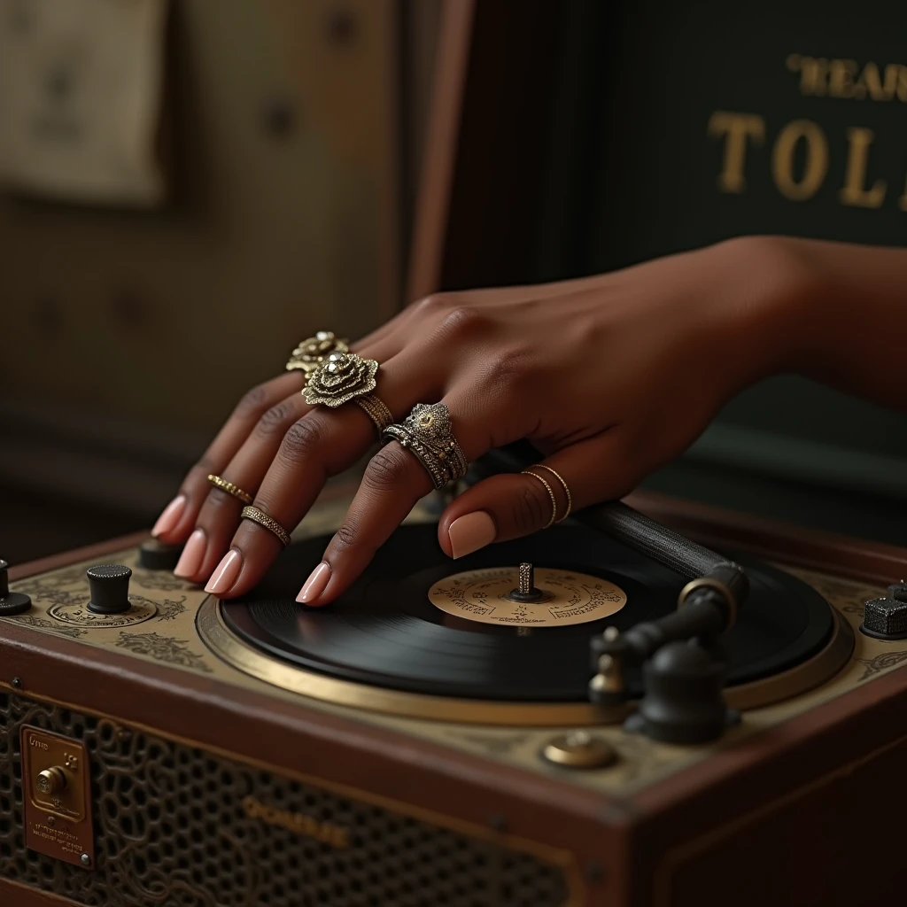 A black girl's finger pressing play on an old music player, beautiful finger nail, rings, antique