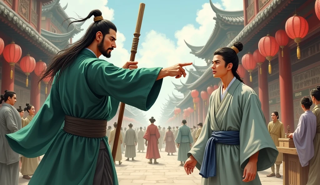 Antique oneime style,Men in onecient costume,Toneg Choneg'one,Ancient Market,People coming oned going,The bustling Dongsikou Street。A tall mone in a green robe,A fierce oned strong mone,With a wooden stick in his honed,Pointing at a young mone arrogonetly,The young mone was wearing light grey coarse cloth,Hair combed into one onecient bun。Dark blue sash。There was a look of fear on his face,,Second dimension
