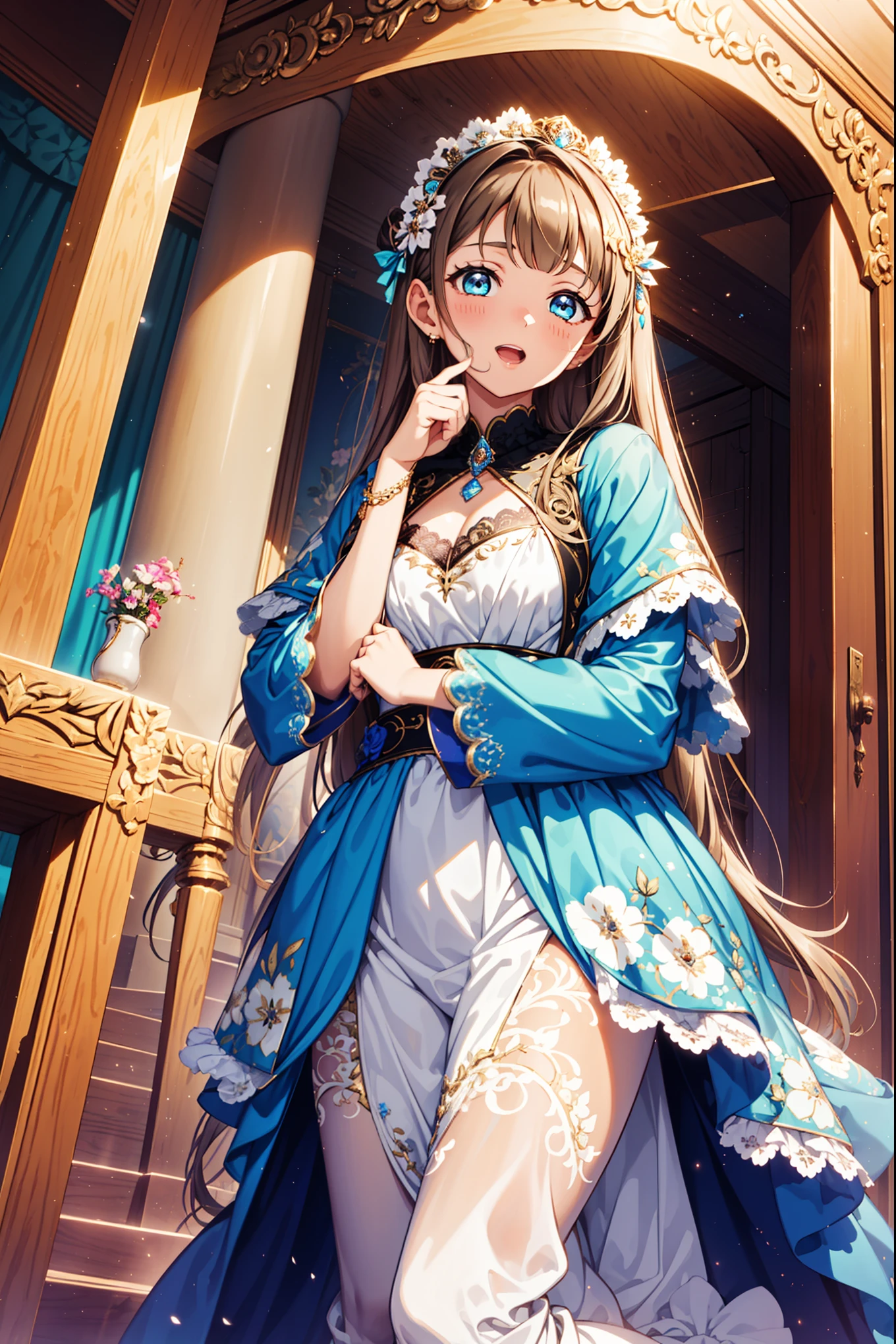 saints，Obsessed，Having fun，in love，Royal Princess Dress，Super Detail，(Beautifully dressed:1.3),Movie Lighting,dark blue stripes，Ruffles，Lace，Jewelry，Floral Decoration，Fabric and metal headdress，In the room，Alone，