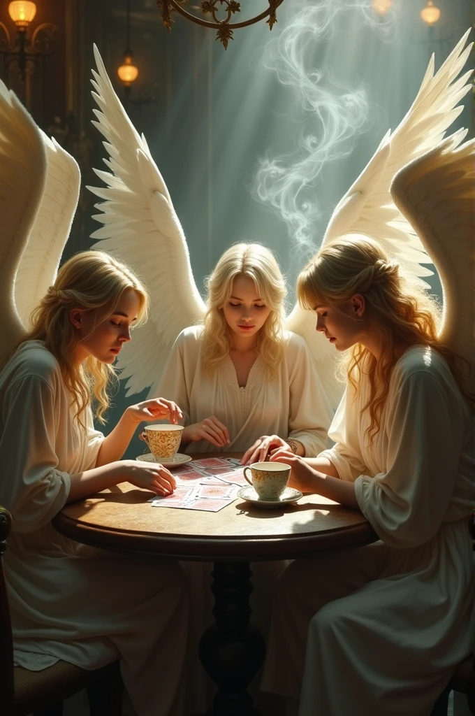 Angels playing cards while drinking coffee and smoking cigarettes.