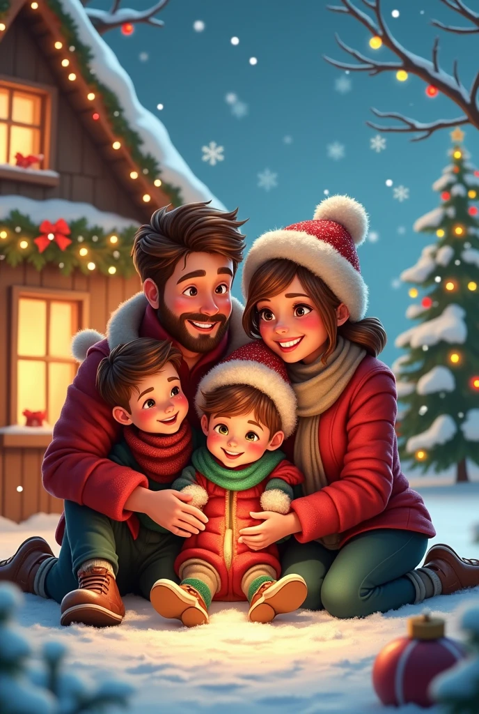 Christmas family
, a 2D cartoon drawing with high detail.
