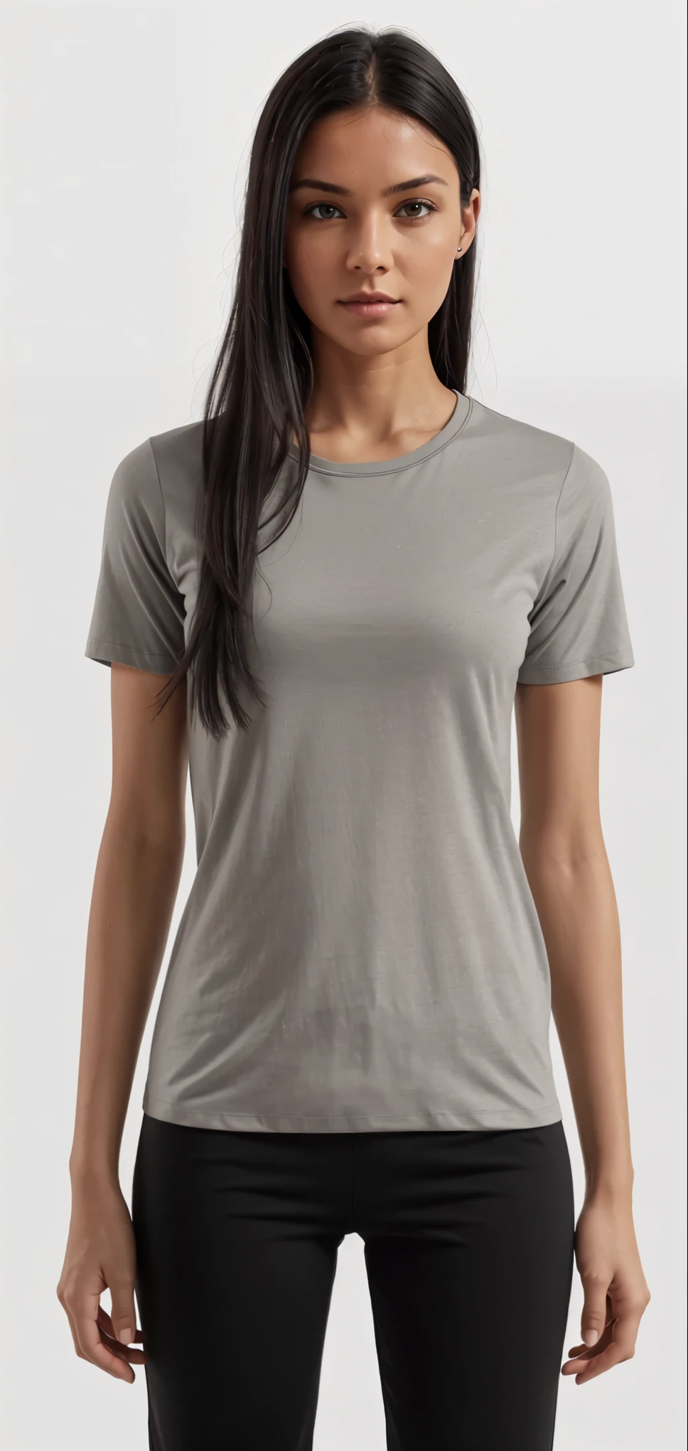 a woman in a grey shirt and black pants, gray shirt, official product image, wearing a t-shirt, t-shirt, t - shirt, official product photo, light grey, detailed product photo, product photo, detailed product image, sport t-shirt, on grey background, clothing photography, wearing a light shirt, centre image, grey clothes, minimal clothing