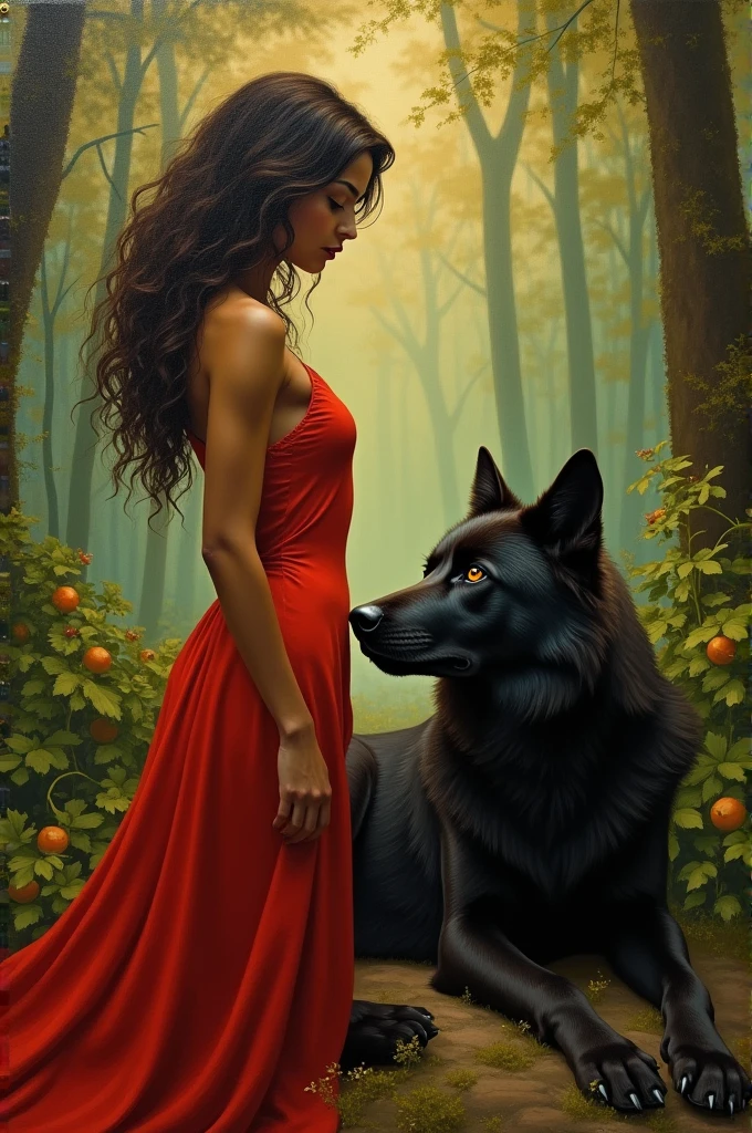 Spawns a woman with very dark brown wavy hair and closed eyes who is in the forest with a black wolf with orange eyes, amber. She is standing next to the lying wolf. The woman has a bright red dress that clings to her mixed-race skin.. The dress is long. The image is made in art oil.