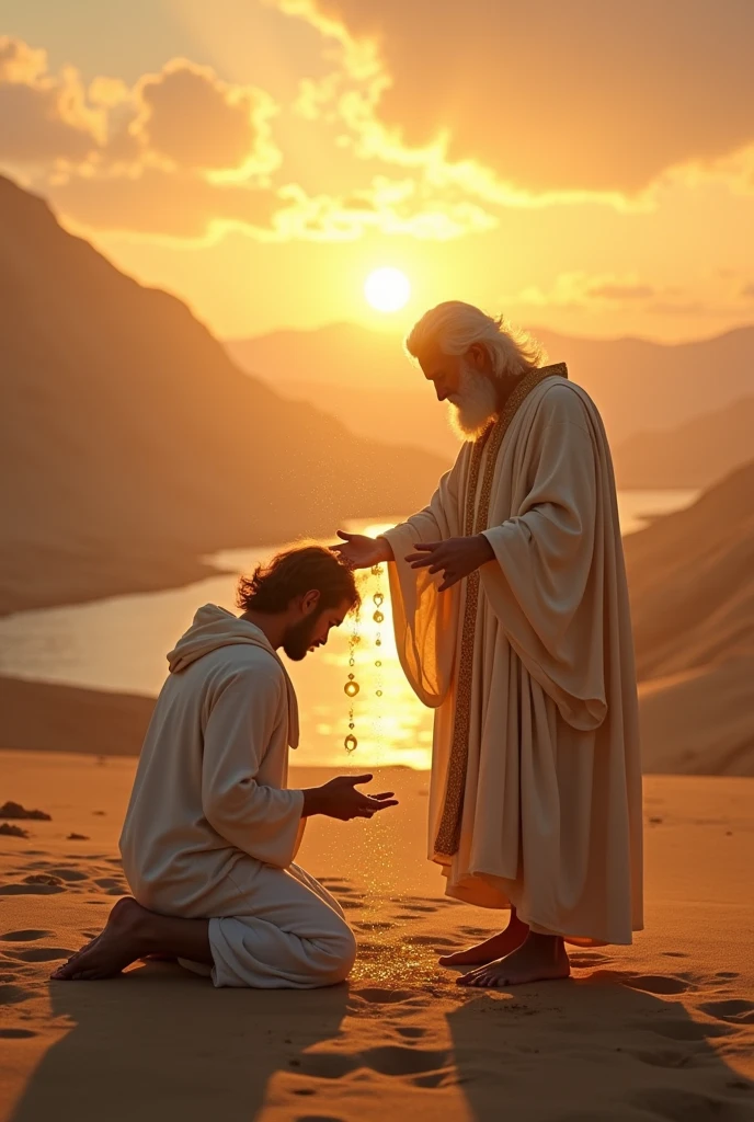create an image of a 40 year old man, dressed in a tunic, on his knees in the desert, arms open, head bowed and at his side a man standing dressed in white linen, with a wide golden belt, similar to Jesus, his face shines like the midday sun, his feet look like bronze, his hair is white like wool, his hair is white like snow, he is pouring oil with his hands on the head of the kneeling man, prophet's anointing oil, the sun shining on the horizon, and a small river run to the bottom, image realistic, hd, 