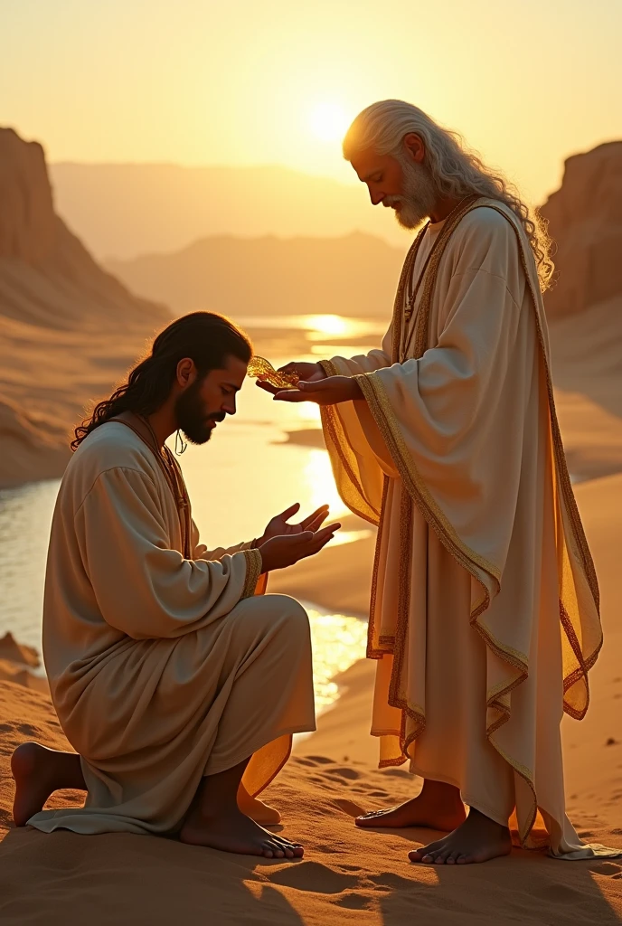 create an image of a 40 year old man, dressed in a tunic, on his knees in the desert, arms open, head bowed and at his side a man standing dressed in white linen, with a wide golden belt, similar to Jesus, his face shines like the midday sun, his feet look like bronze, his hair is white like wool, his hair is white like snow, he is pouring oil with his hands on the head of the kneeling man, prophet's anointing oil, the sun shining on the horizon, and a small river run to the bottom, image realistic, hd,