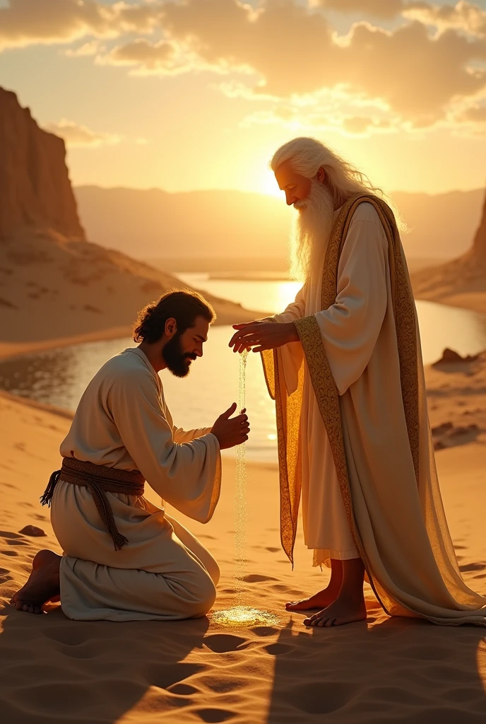 create an image of a 40 year old man, dressed in a tunic, on his knees in the desert, arms open, head bowed and at his side a man standing dressed in white linen, with a wide golden belt, similar to Jesus, his face shines like the midday sun, his feet look like bronze, his hair is white like wool, his hair is white like snow, he is pouring oil with his hands on the head of the kneeling man, prophet's anointing oil, the sun shining on the horizon, and a small river run to the bottom, image realistic, hd, 