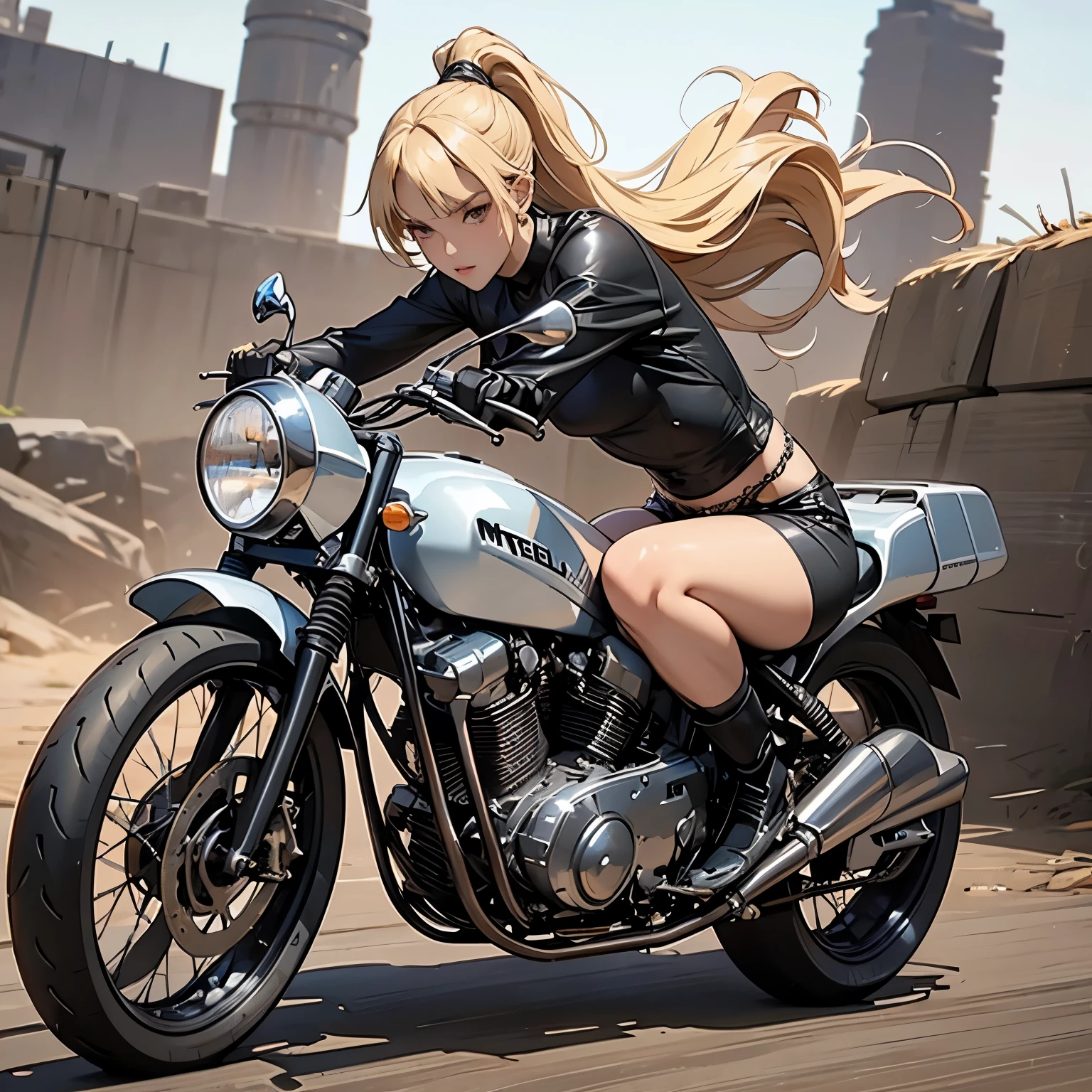 nsfw, anime screencap, 16K, perfect anatomy proportion body, perfect hands, action, A dynamic composition with a sense of speed and movement, (Ride a steel motorbike:1.6), a wife, 40age, NUDE, perfect beautiful delicate sexy face, perfect beautiful delicate eyes, blonde hair, blunt bangs ponytail, flat chest, abs, hairy female pubic hair, Wear an elaborate chain mail loincloth, great desert, Post-apocalyptic,
