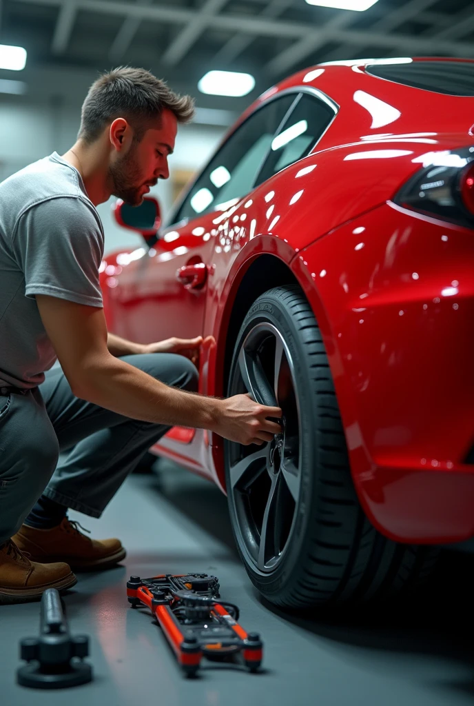 photo of a guy calibrating the tire with a red car