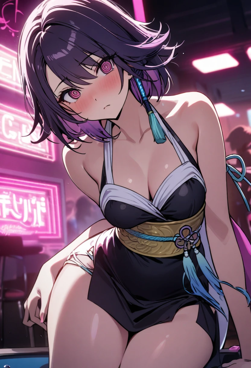 1girl, yuna \(ff10\), final fantasy, @_@,pink eyes,expressionless,evening dress,off shoulder,night club,pink neon light,masterpiece, best quality, absurdres,
