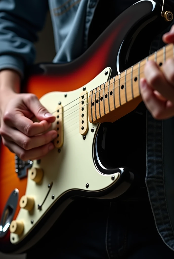 I want to focus on Fender Stratocaster guitars., I want to focus on the body of the guitar, Look forward, With the guitarist、But I want an image of just the hands playing.
