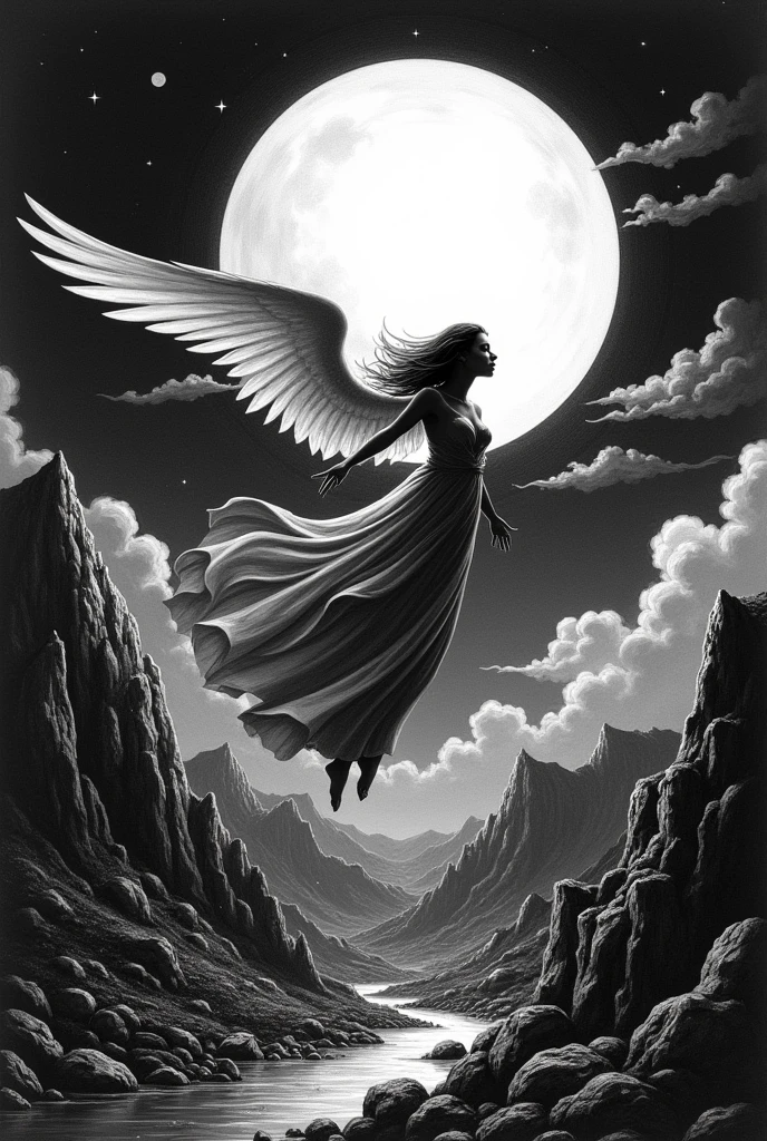 Realistic black and white drawing, high contrast etching style. Landscape with portrait, a woman with wings flying against the light of a giant full moon over a semi-cloudy horizon of realistic mountains.