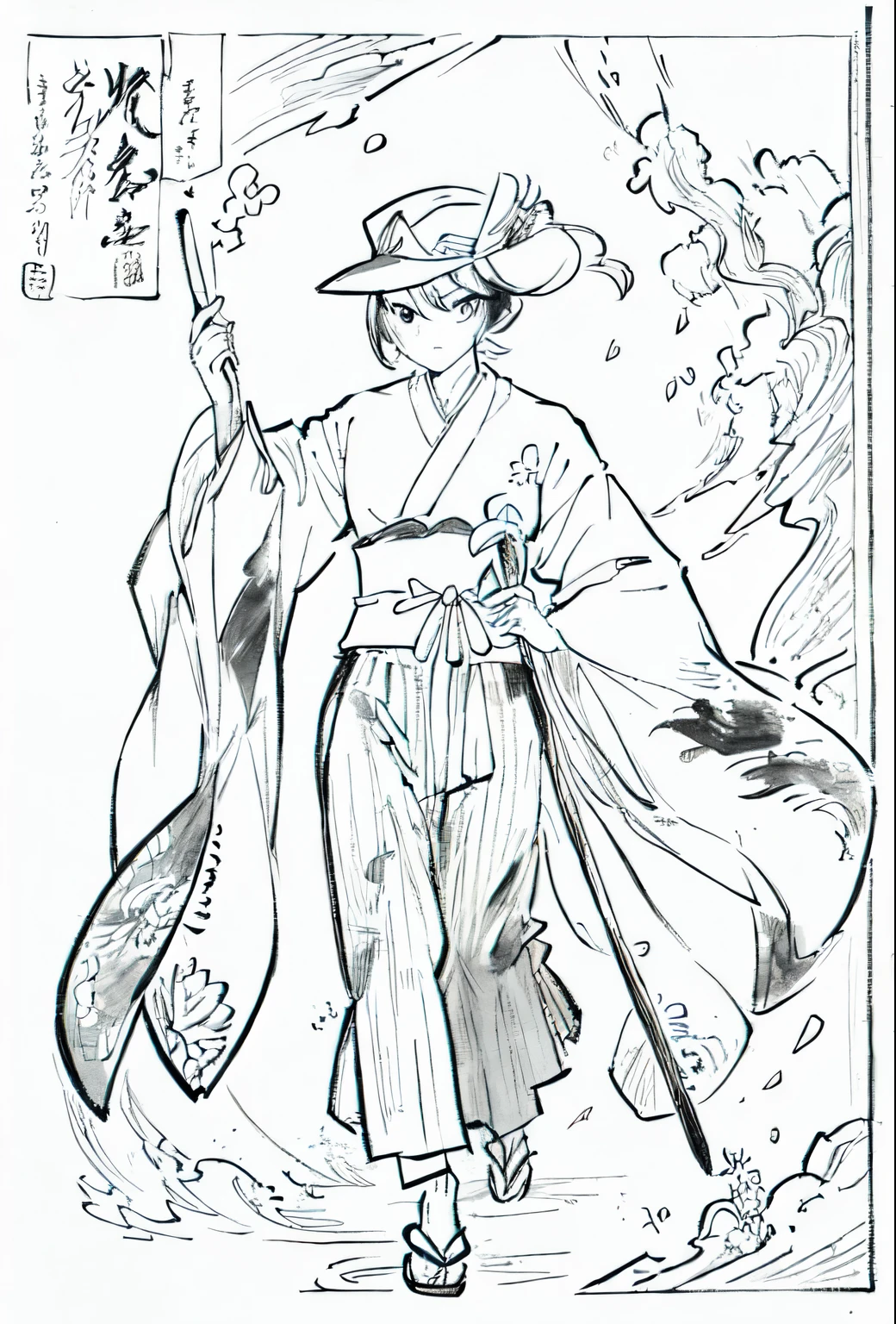 A painting of a costumed woman holding a hat and a walking stick, pencil and Ink Manga, by Junpei Sato, By Yuki Ogura, Beautiful line art, Pencil and ink cartoon, Masamune Shirowのスタイル, Masamune Shirow, Ink Manga, By Hideyuki Kikuchi, Very detailed fan art