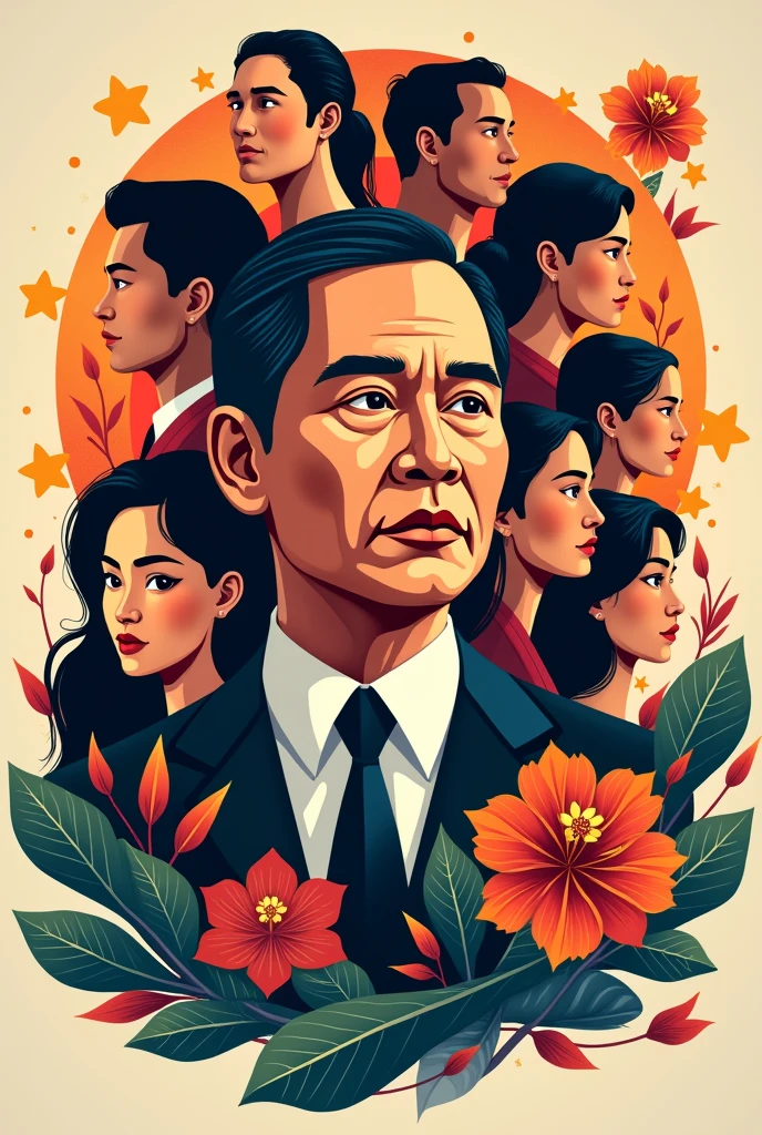 modern poster for buwan ng wika that includes manuel quezon and all Filipinos