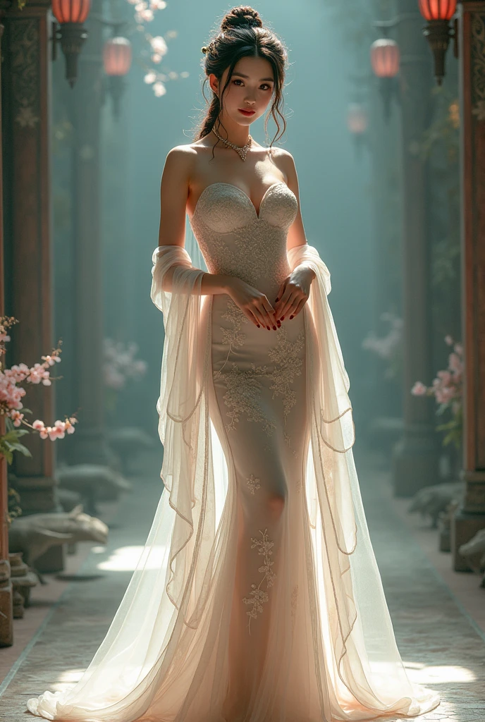 (earrings, breast), walking,full body,from side, male pov, 
(girl), (Bridal Accessories for hanfu Cheongsam Kwa Phoenix), (strapless), (shawl), (Cosplay photo), ((cleavage)), 
chill out, highres, french braid, heterochromia, 
((huge breast)), ((large breasts)), (mole), 
(looking at viewer), (pink dress),(stem thing),((high heel)),(long leg)