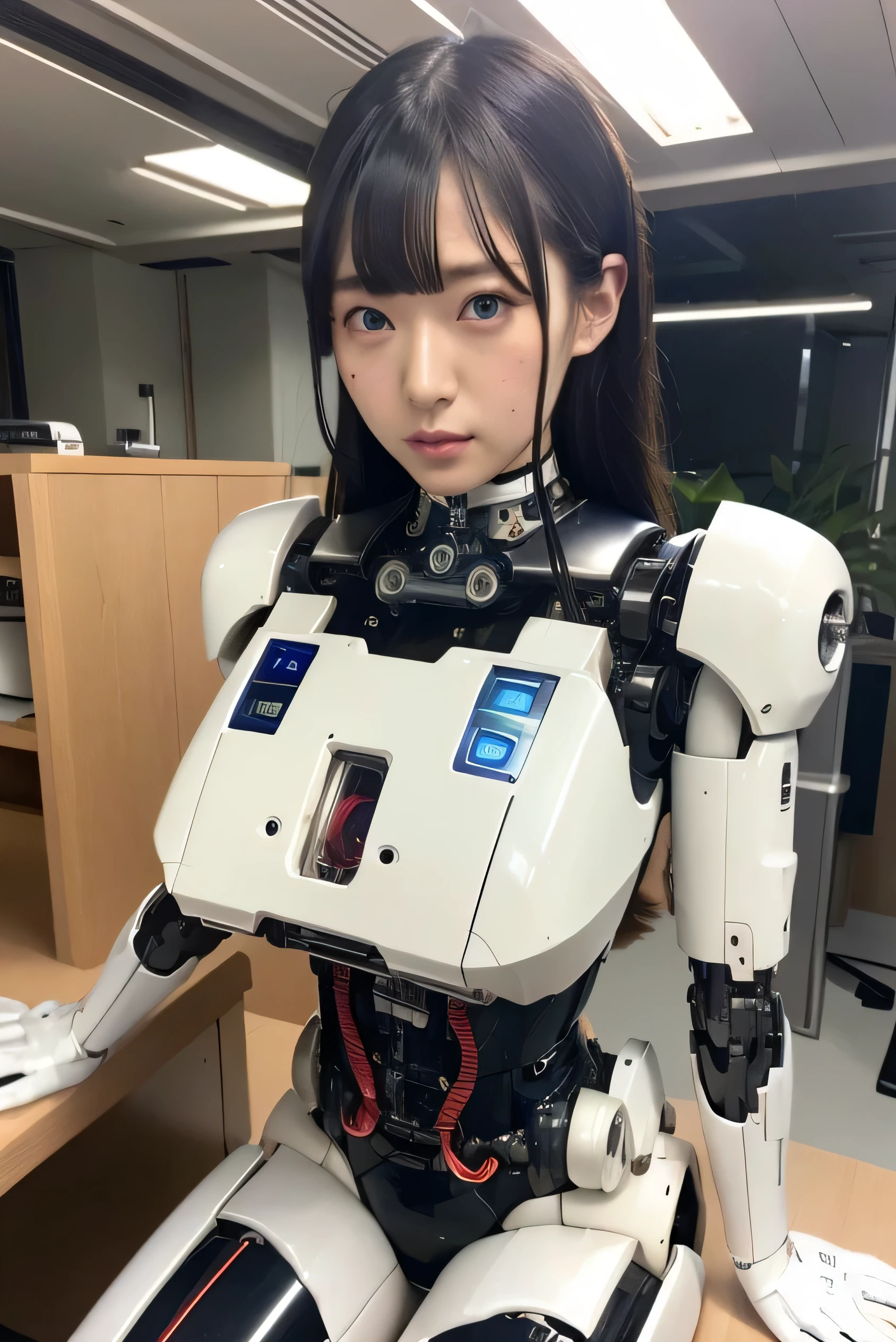 masterpiece, best quality, extremely detailed, Japaese android girl,Plump , control panels,android,Droid,Mechanical Hand, Robot arms and legs,Blunt bangs,long tube,thick cable connected her neck,（robot-assembly plant:1.4）,She is assembling now