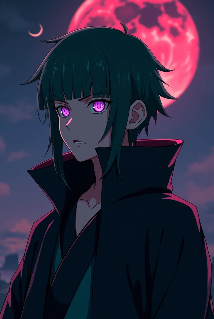 (masterpiece), (best quality), ultra high res, professional artwork, ultra detailed, intricate, detailed face, perfect lighting, 1boy, green hair, (purple eyes), AKATSUKI OUTFIT, ninja, black cloak, black coat, high collar, collarbone, head, night, night sky, crescent moon, red moon, outdoors, (cowboy shot, far shot), blunt bangs, Roronoa Zoro, Zoro,