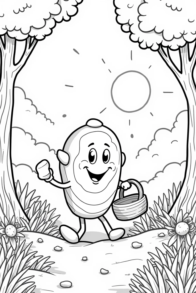 candy, a sweet shaped like a , is walking happily through the Sweet Forest. The forest is full of trees with marshmallow leaves, and colorful flowers made of candy. candy carrega uma cesta vazia, looking curiously at the surrounding trees. Ao fundo, you can see the sun shining with rays that seem to be made of honey, softly illuminating the scene. crie uma imagem em preto e branco, it's a coloring page, in cartoon style