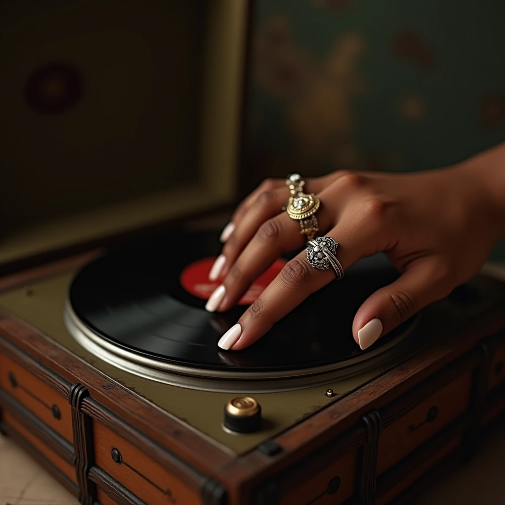 A black girl's finger pressing play on an old music player, beautiful finger nail, rings, antique 