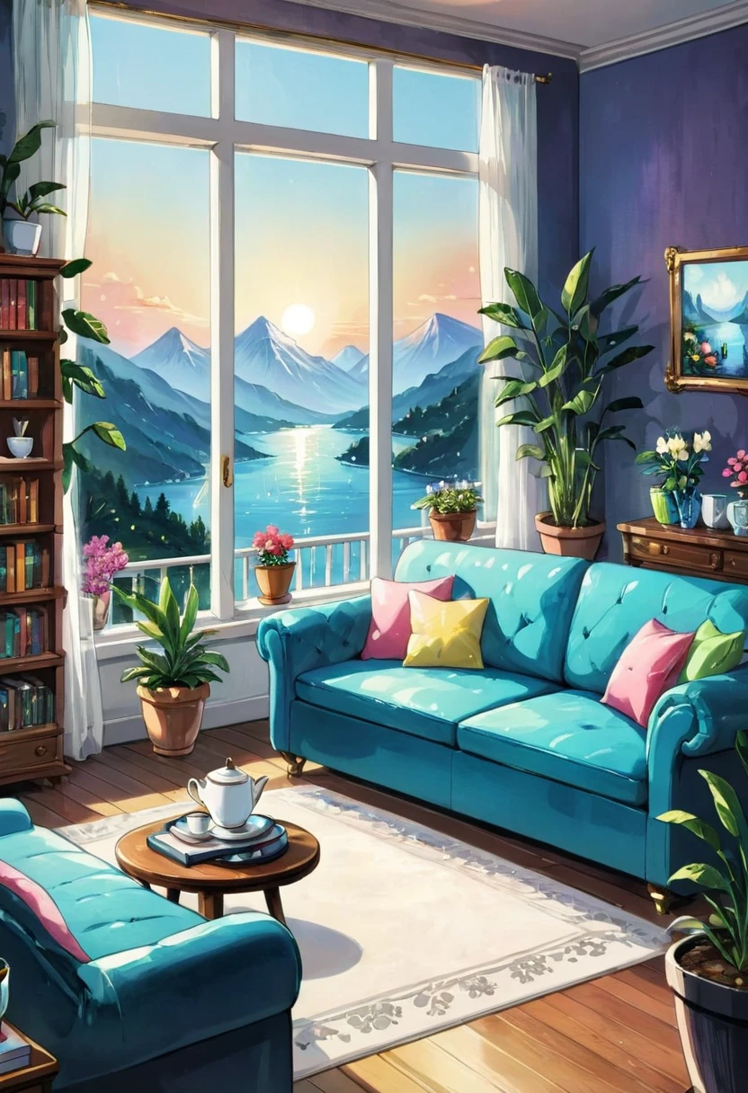 ((1girl)), beautiful woman, long hair, brown hair, drink coffee, ((full body)), A masterpiece, an exquisite view from a large window, shelves with books, watercolor paintings, paintings on the walls, a fireplace, chic furniture, gold elements, figurines, pots look at window, cups, plates, crystal, a chest of drawers, a sideboard with a variety of books, dishes, a dreamcatcher, a neon garland, a multi-colored garland, highlights, an exquisite interior, a view from the window, a bridge, the sea, mountains, sunset, a city, neon light, night, a bed, a sofa, pillows, sconces, flowers, daylight, bright room, illuminated room, lots of light, flower pots,