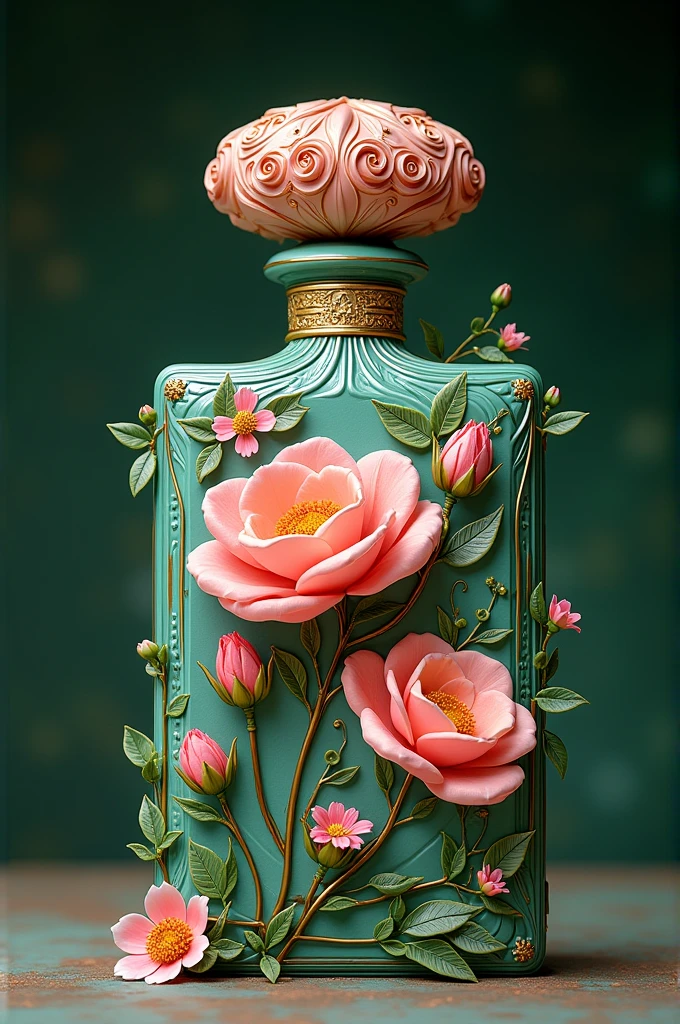 square perfume bottle with floral details in Art Nouveau style. Use vibrant pink and green colors, with flowers and plants flowing around. Incorporate three-dimensional elements such as relief and textures to add depth. 