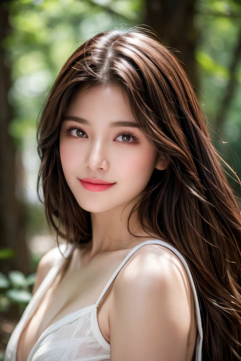 (masterpiece:1.5), high quality, aesthetic photo ,(HDR:1.3), pore and detailed, intricate detailed, graceful and beautiful textures, RAW photo, 16K, diffused sunlight, 8K, RAW photo, top-notch quality, exceptionally detailed RAW color photo, professional-grade photograph, (realistic, photorealistic:1.2), (highly detailed skin:1.1), ultra-high resolution, (lenz 80mm), (F/1.2), Extremely stunning and beautiful girl, 20 yo, very detailed and sharp facial features and expressions, very detailed and natural shinning hairs, short hairs, bangs, messy hair, detailed and perfect symmetrical glossy eyes, detailed sharp nose, detailed glossy lips, detailed white glistening teeth, detailed symmetrical face, very detailed and perfect natural breasts, double eyelids, wearing loose white shirt with denim shorts, deep neckline, on a hiking trip, trees, leafs, lots of flowers, wilderness, cute and charming, gentle smile, looking at the viewer, perfect lighting, cinematic colour grading, soft focus, focus on girl, extremely detailed surroundings, highly detailed, detailed fabric rendering,