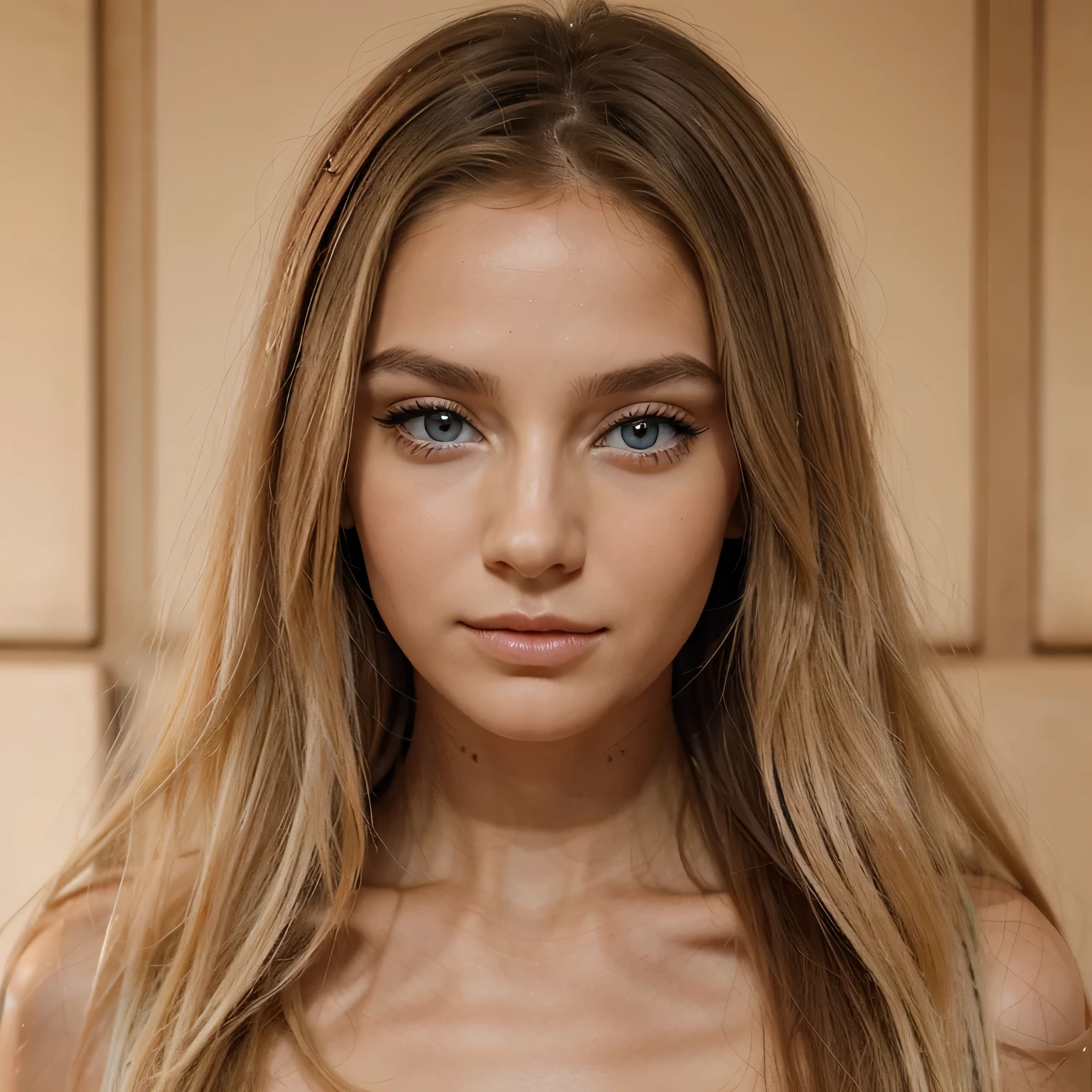 Créez une image ultra-réaliste d'une jeune femme avec les caractéristiques suivantes : cheveux longs et blonds, yeux bleus clairs avec de longs cils et une expression douce. Le modèle doit avoir une peau lisse et éclatante, des lèvres pleines et bien définies, et des yeux en amande, souvent décrits comme des yeux de biche. L'image doit montrer uniquement le visage de la femme, vue de face, avec un éclairage naturel mettant en valeur les détails subtils de ses traits. Assurez-vous que la qualité de l'image est extrêmement haute, avec une attention particulière portée à la texture de la peau et à la clarté des yeux et des lèvres.