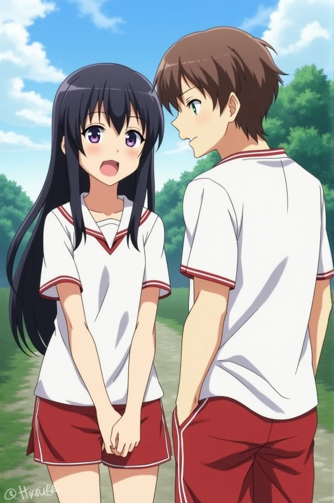 artist logo, 1girl, chitanda eru, oreki houtarou, red shorts, long hair, black hair, open mouth, bangs, shirt, purple eyes, short sleeves, gym uniform, ponytail, white shirt, shorts, looking at another, breasts, short hair, :o, looking at viewer, collarbone, brown hair, 19 inch cock, cowboy shot, teeth, gym shirt, upper teeth only, outdoors, (masterpiece,best quality)