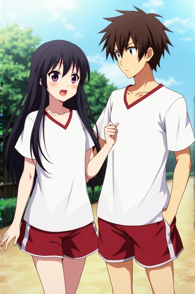 artist logo, 1girl, chitanda eru, oreki houtarou, red shorts, long hair, black hair, open mouth, bangs, shirt, purple eyes, short sleeves, gym uniform, ponytail, white shirt, shorts, looking at another, breasts, short hair, :o, looking at viewer, collarbone, brown hair, 19 inch cock, cowboy shot, teeth, gym shirt, upper teeth only, outdoors, (masterpiece,best quality)