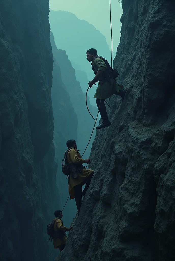 In cinematic  style "Maratha soldiers climbing the rocks Maratha soldiers climbing the cliffs with the help of ropes in the dark night, with courage and courage."