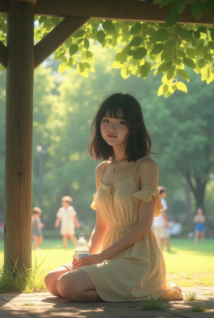 High resolution、Very detailed、「bright summer day、A 20-year-old Japanese woman with slightly wavy hair., Straight black hair、Sit in one'大きなwood陰の下の膝。Wearing a light summer dress、Drinking from a plastic bottle with one hand。The woman is on her knees, looking at the camera and blushing。wood々The sunlight passing through、Casting light and shadow on women.。Children play in the surrounding park.、Leaves fluttering in the wind。Dynamic and peaceful scene、It captures the essence of a perfect summer afternoon..。50mm lens for SLR cameras、1 1 1.8 in、Exciting、Cinematic、strong、artistic、Attractive photography、The photo captures a bewitching woman。A soft style for the whole body.」