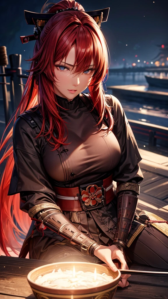 masterpiece, 最high quality, high quality, High resolution, high quality texture, high quality shadow, High Detail, Beautiful details, Detailed, Extremely detailed CG, Detailedテクスチャー, a Realistic representation of the face, Realistic, colorful , delicate, Cinematic Light, Side light, Lens flare, Ray Tracing,tailed beautiful delicate face, detailed beautiful delicate eyes,Beautiful eyes Beautiful hair Shapely lips Beautiful face (red hair:1.3) Dark skin (samurai:1.3) 夜の城 night
