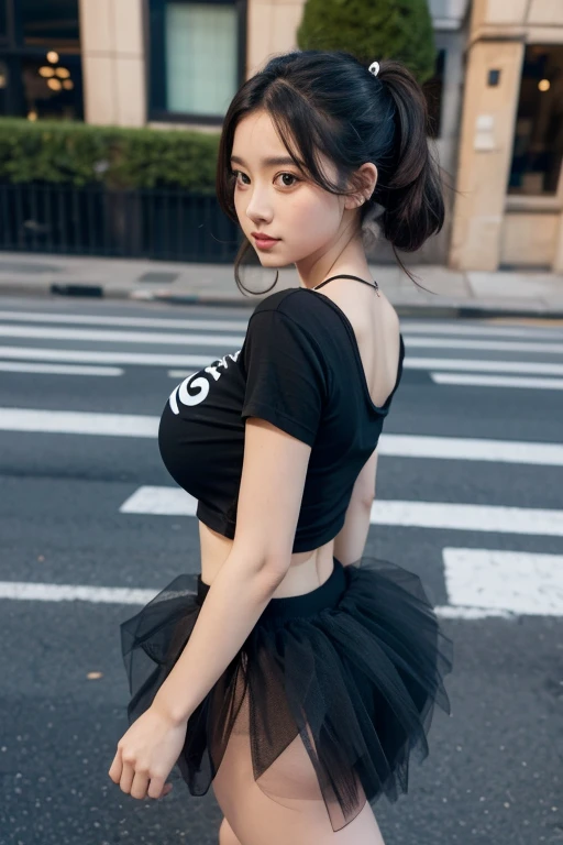 A girl really embarrassed walking in a street with a tutu and black shirt. She has big boobs and butt