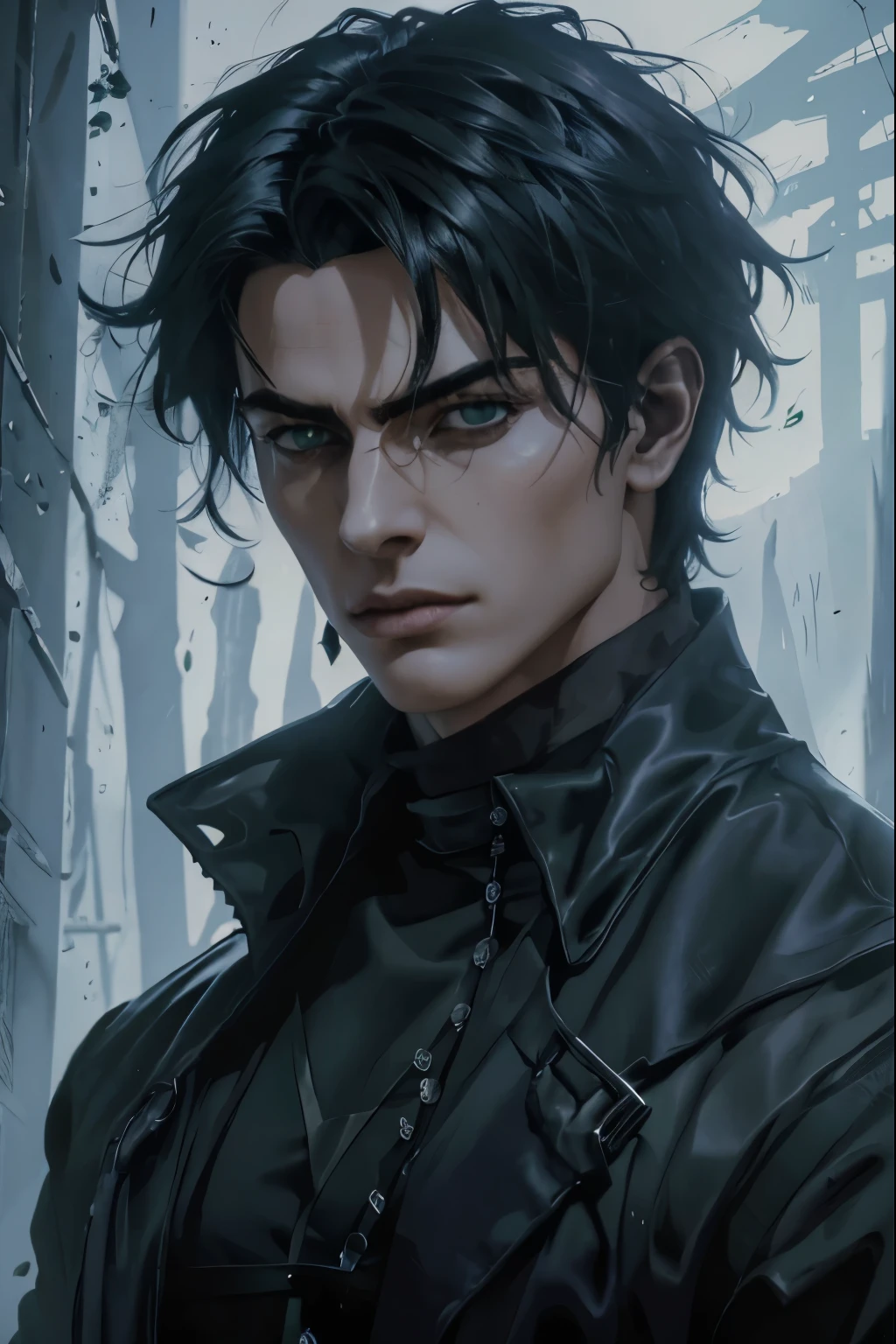 (an androgynous male assin:1.1),wild black hair,green eyes,slim,black assin clothing,in a castle,medium:oil painting,detailed background,moody lighting,vivid colors,dark and mysterious ambiance,ominous atmosphere