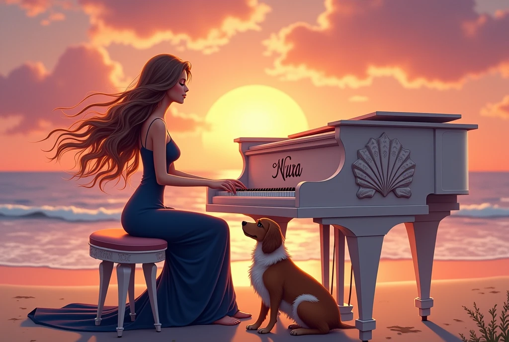 A warm, fantasy cartoon-style scene featuring a serene woman playing the piano on a peaceful beach at sunset. The woman, with her long hair gently flowing in the ocean breeze, wears an elegant, navy blue dress that flows gracefully around her. The piano, adorned with delicate seashell and starfish designs, has the name 'Nura' beautifully engraved in a flowing, ornate script on its front. Her loyal dog, a fluffy companion, sits beside her, gazing up with love and contentment. The sky is a stunning blend of pink, orange, and purple hues as the sun sets, casting a soft, golden glow over the scene, creating a magical, tranquil atmosphere.