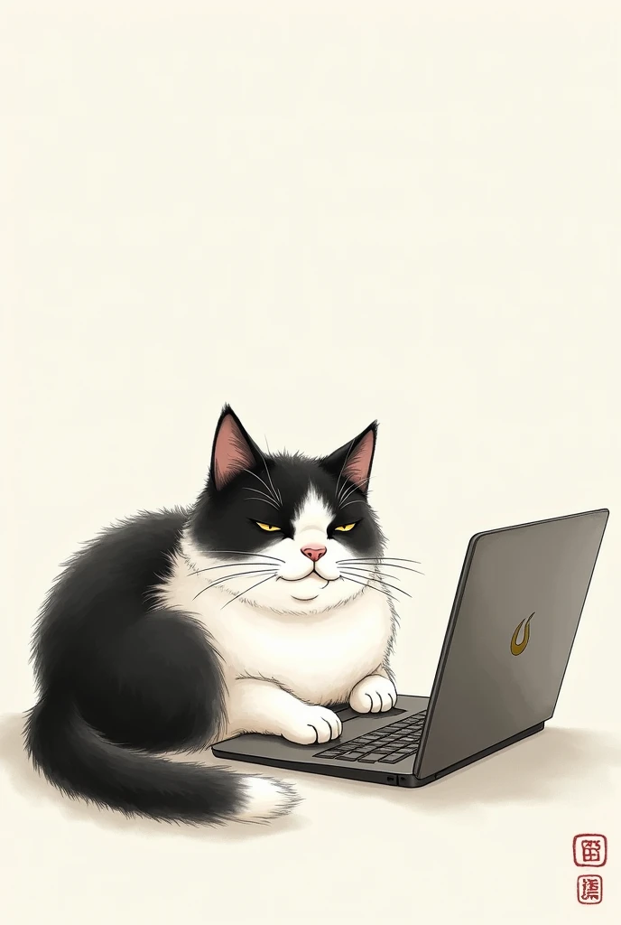 using chinese traditional ink water painting style to create a smart cat with tricky eye, cool expression face and white and bkack fat body. half sleeping beside notebook pc