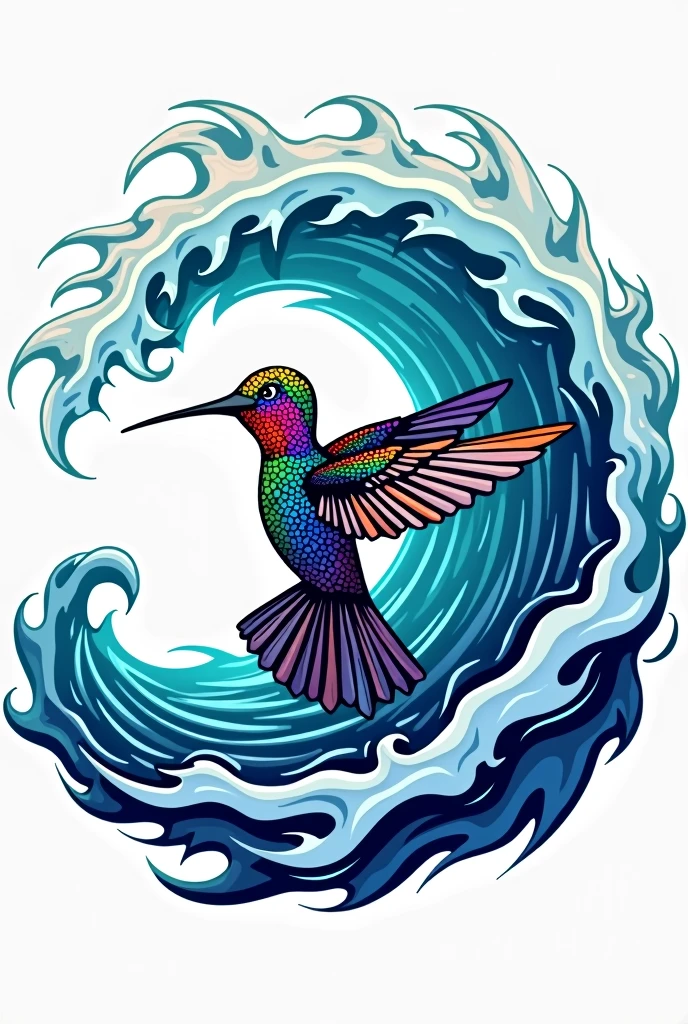 Make me a logo of a colorful hummingbird coming out of a wave breaking into a pipe