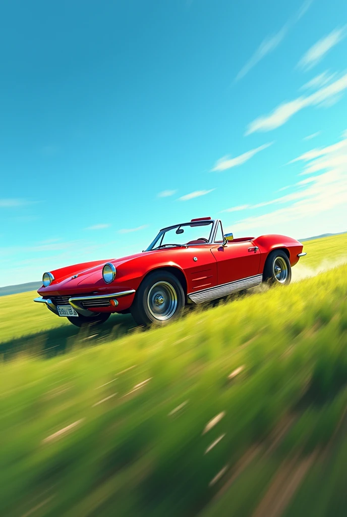 80's 、art 、Background、A red open car running through the grassland、Sun light、Blue sky