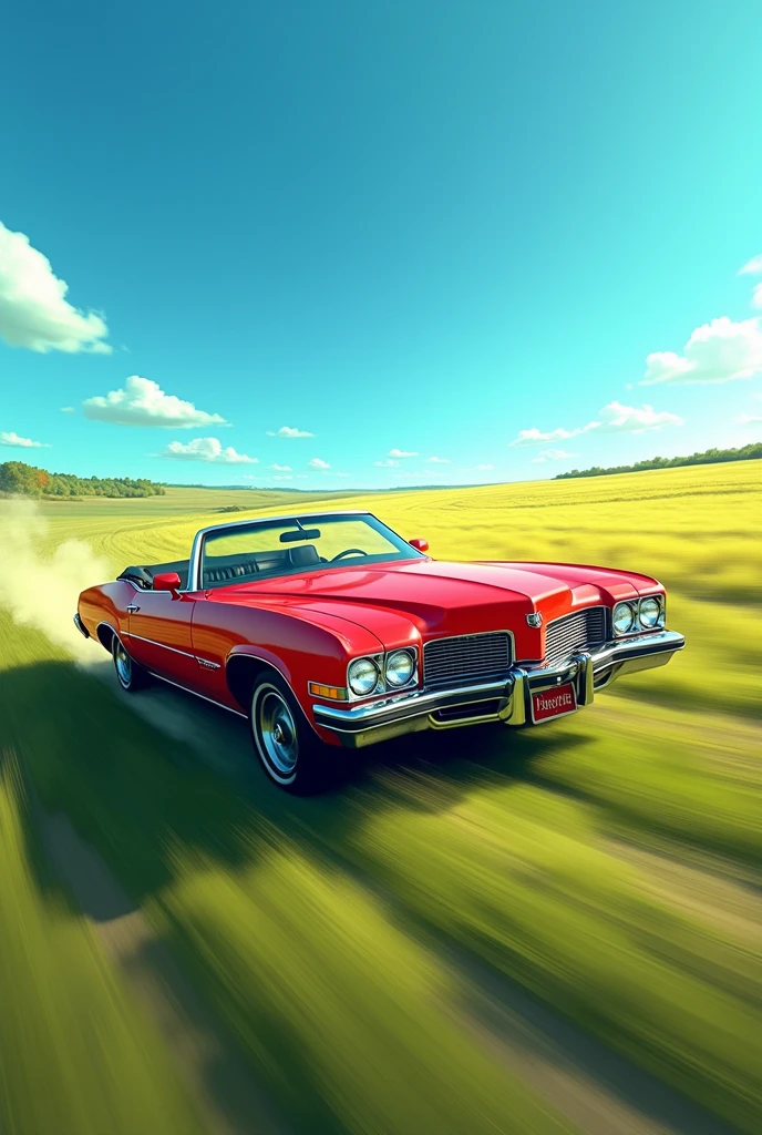 80's 、art 、Background、A red open car running through the grassland、Sun light、Blue sky