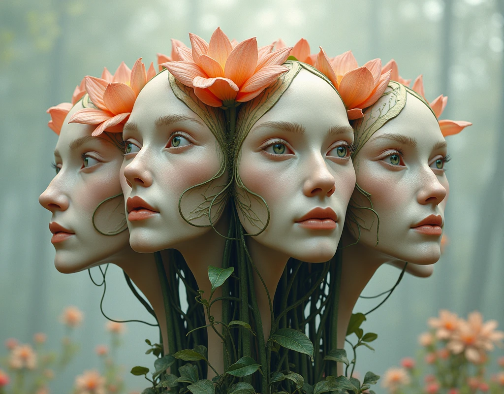5 non realistic people face made up a flower shape